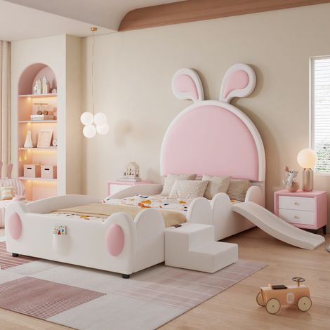 Letto singolo 90x200 cm, letto per bambini con piccola scala e scivolo, testata del letto con orecchie di coniglio - Bianco e rosa