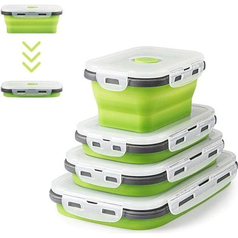 4 Stück zusammenklappbare Lunchboxen aus Silikon, zusammenklappbare Lebensmittelbehälter aus Silikon, Lunch-Bento-Box, Lebensmittelaufbewahrung, Aufbewahrungsbox aus Silikon (Grün o2) (1/5)
