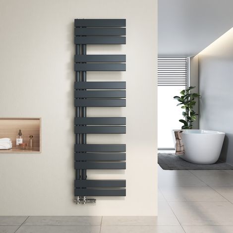 Heilmetz Radiador toallero de agua caliente 138,5 x 40 cm, 570 W, Antracita, Diseño asimétrico, Tubos planos, Conexión lateral
