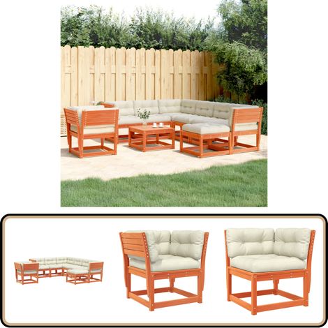 Salon de jardin 8 pcs avec coussins cire marron bois pin massif - Salon De Jardin - Mobilier Extérieur - Set De Salon - Chaise Longue - Table Basse