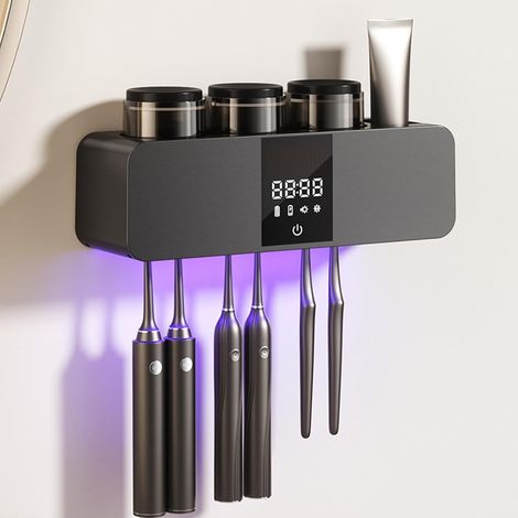 Porte-brosse à dents électrique, support de désinfectant UV pour brosse à dents avec distributeur de dentifrice léger et 3 tasses, support mural pour accessoires de salle de bain à la maison (1/5)