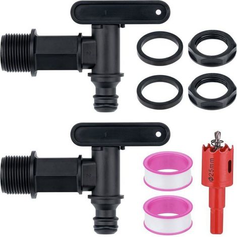 Lot de 2 Robinet citerne, Filetage 3/4 pouces, Plastique noir, Kit installation complet, Pour jardin et irrigation (1/5)
