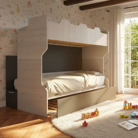 Letto a castello con scala contenitore e terzo letto estraibile - Cameretta salvaspazio - Rovere rock