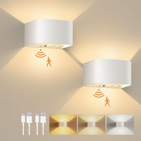Applique Murale à Détecteur de Mouvement avec Télécommande, 3 Couleurs,Lumière Murale sans fil LED, Applique Murale Haut et bas, Batterie Rechargeable 5000mAh, Alimentation par Batterie,Blanc 2 Pièces (1/5)