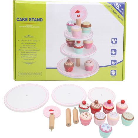 Présentoir à gâteaux en bois 3 étages avec gâteaux jouets factices, jouet d’éveil pour petite fille. (1/5)