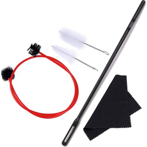 Kit de mantenimiento para trompeta que incluye: cepillo para la boquilla, cepillo para la válvula, cepillo flexible y paño de limpieza.