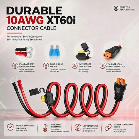 Câble XT60i vers borne à anneau torique, câble connecteur XT60i 10AWG, avec fusible intégré 15A/20A, connecteur femelle en cuivre pur robuste. (1/5)