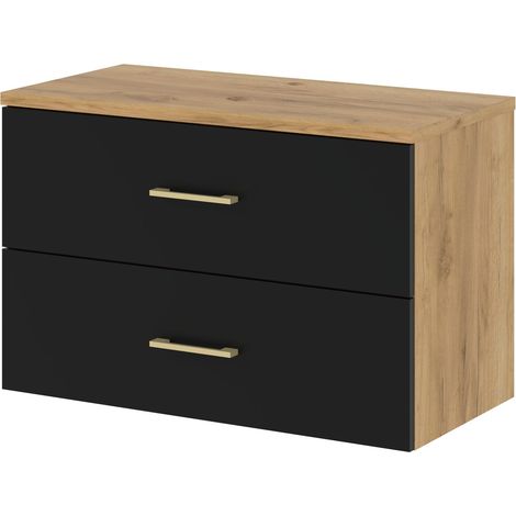 Mueble de baño suspendido para lavabo Lumi 80 cm, roble craft y blanco, tirador dorado (1/5)