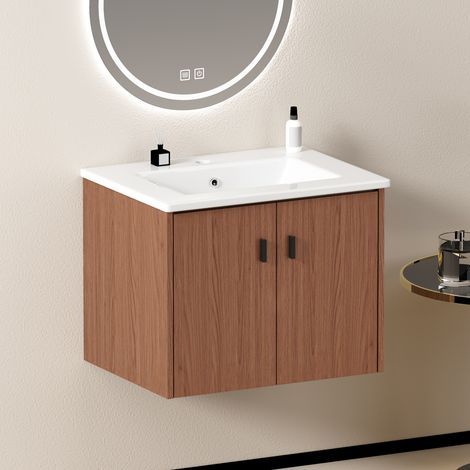 Meuble de salle de bain marron rouge de 60 cm. Ce meuble, offrant un grand espace de rangement, est équipé de deux portes à fermeture douce. (1/5)