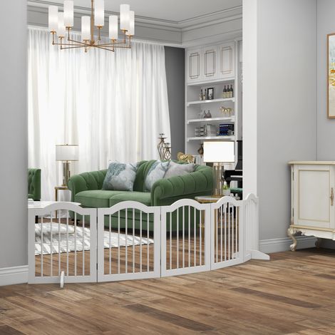 Barrière pour chien, 5 panneaux, pliable, flexible, bois massif/MDF, 261,5 x 29,5 x 61 cm, blanche (1/5)