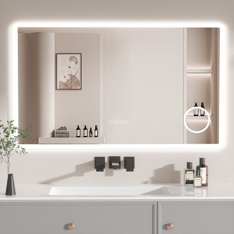 AquaWise Miroir Salle de Bain LED 120x70cm avec Miroir Grossissant Lumière Frontale Anti-buée Affichage Heure & Température, Bouton Tactile Intelligent, Économie d'Énergie