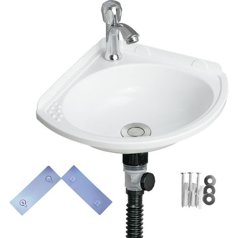 Petit évier de salle de bain mural pour salle de bain, lavabo d'angle triangulaire, installation sans perçage, auto-adhésif, 30,5 x 30,5 cm avec trou de robinet de 3,2 cm, mini évier en plastique (1/5)