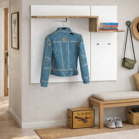 Dmora Cintre horizontal, Made in Italy, avec crochets et tube pour cintres, Meuble d'entrée, 120x30h100 cm, couleur blanc brillant et érable, avec emballage renforcé (1/3)