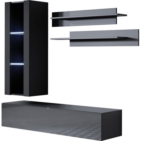 Wohnwand mit LED  Mediawand  Möbel TV  TV-Schrank  Wohnzimmer  Wohnmöbel  Anbauwand  Möbelkombination  Hängend  160cm  Luke 5B  Schwarz Glanz
