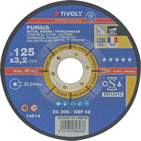 Disque à tronçonner FURIUS -pour matériaux / Ø: 125 / Ep: 3.2 TIVOLY - XT3032121125016