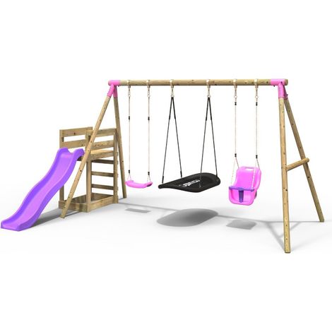 Wooden Triple Swing Set with Baby Seat, Boat Swing and Slide - Halley Pink