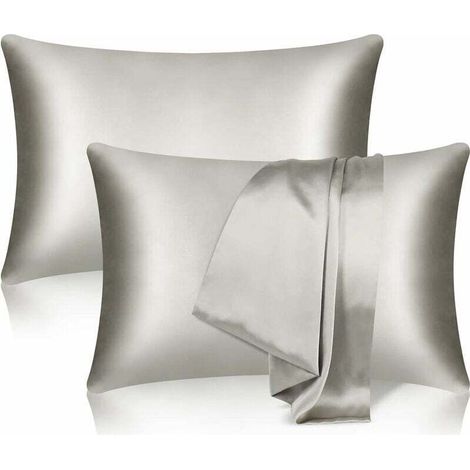 Lot de 2 Taies d'oreiller en Soie de Mûrier 100% Pure pour Cheveux et Peau, Double Face, Douce et Lisse avec Fermeture Éclair Dissimulée (Standard, 51 x 76 cm, Gris)