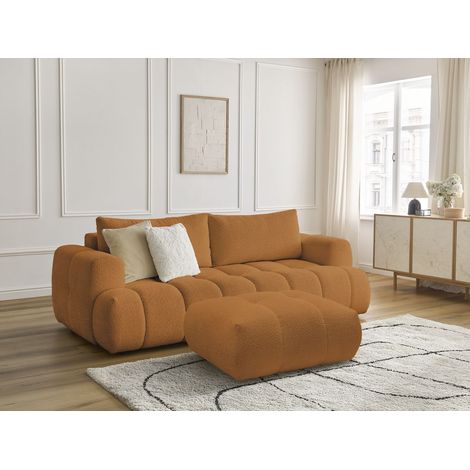 BOBOCHIC - Canapé droit convertible 3 places FUJI tissu bouclette avec pouf Jaune (1/5)