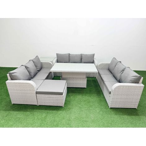 Fimous PE Rattan Lounge Sofa Set 10 Seater Outdoor Garden Furniture Set with Adjustable Lifting Dining or Coffee Table 3 Seater Sofa Big Footstool Side Table Light Grey (1/5)