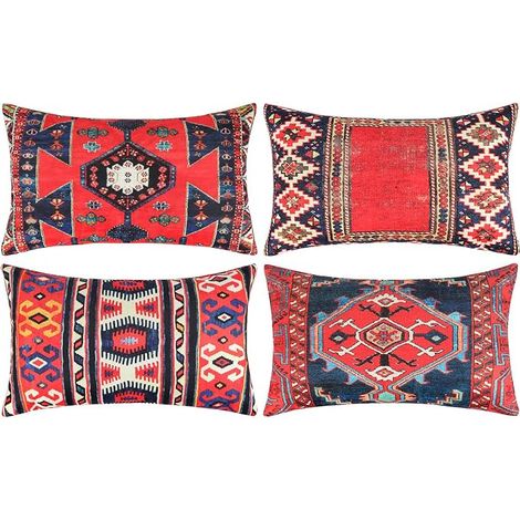 Set of 4 Oblongues Farmhouse Cotton Linen Cushion Covers Decorative Antique Oriental Printed Turkish Carpet with Invisible Zipper for Sofa Living Room Chair, 30 x 50 cm (1/5)