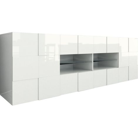 Credenza Mobile Soggiorno 2 Porte 4 Cassetti e Vetrina Centrale in Melamina 241x42x84cm TFT Chequers Bianco (1/3)