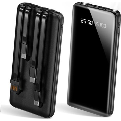 Batterie Externe 20000mAh Power Bank avec 4 Cables Intégrés 6 Sorties 3 Entrées LED Affichage Lampe Portable pour Voyage et Randonnée