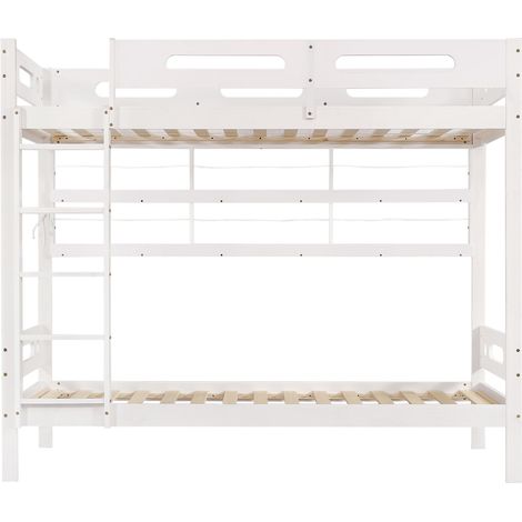 Lit superposé enfant 90x200 cm avec échelle 5 marches, étagères, blanc, pin et MDF, MODENUIT (1/5)