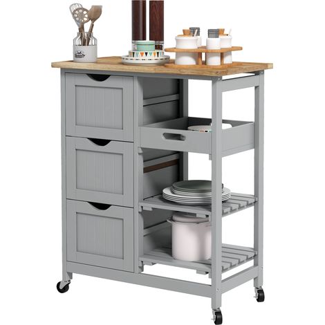 Meuble de cuisine roulant 3 tiroirs 2 étagères ouvertes et plateau amovible gris 67x37x85.5 cm (1/5)