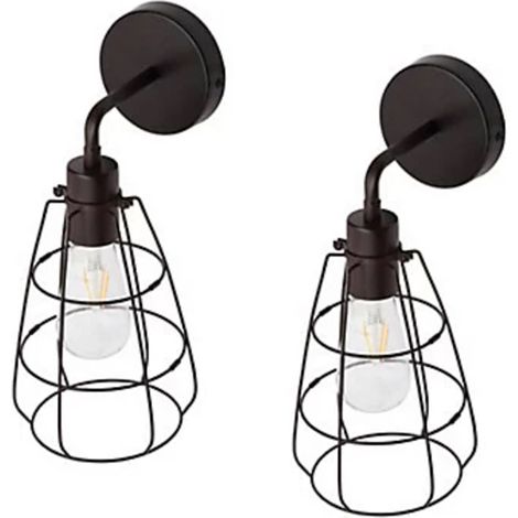 Litecraft Pack of 2 Drax Wall Lights Industrial Cage Styled 1 Arm - Aged Bronze (1/2)