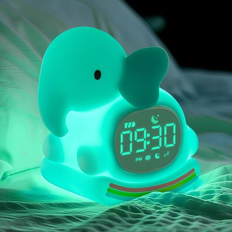 Horloge Réveil Éléphant avec Veilleuse pour Enfants, Lampe Rechargeable en Silicone, Lampe Animaux Mignonne de Bureau, Compagnon Idéal pour Le Sommeil des Garçons et des Filles，Vert (1/5)