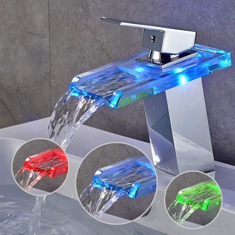 Waschtischarmatur – Wasserfallarmatur mit RGB-LED-Beleuchtung – Glasauslauf – verchromtes Messing – für Badezimmer – 1 Stück (1/5)
