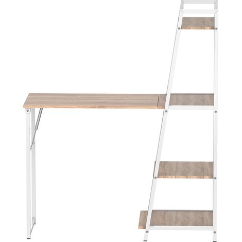 Bureau pliable 2 en 1 avec 4 étagères imitation bois chêne clair métal blanc