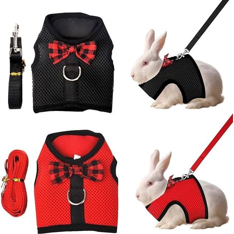 2Einteiliges, verstellbares Kaninchengeschirr, atmungsaktives Kaninchengeschirr, weiches Netzgeschirr, geeignet für Kaninchen, Hamster, Kleintiere und Jogger.L(schwarz, rot)