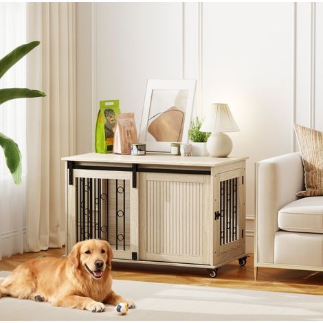 Cage pour chien sur roulettes, porte coulissante, 100 x 56 x 65 cm, bois et acier HAVRYA (1/3)