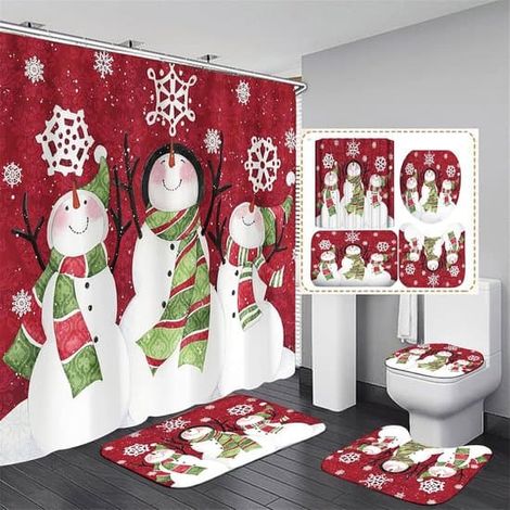 Ensemble de rideau de douche de Noël 4 pièces avec motif bonhomme de neige, écran imperméable avec tapis de bain antidérapants, articles de toilette et 12 crochets (1/5)