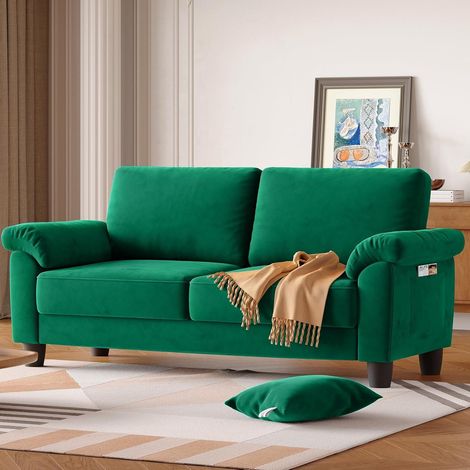 2-Sitzer-Sofa aus Samt, Sofa mit Aufbewahrungstasche, abnehmbarer Bezug, große Armlehnen, Federkissen, 178 x 75 x 87 cm - Grün