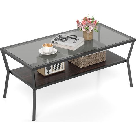 Pour salon, bureau ou appartement, table basse facile à nettoyer, 2 niveaux avec plateau en verre trempé (1/2)
