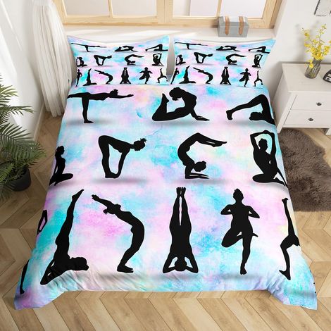 Parure de lit avec housse de couette et 1 taie d'oreiller, motif silhouette gymnastique, taille S, décoration de chambre pour enfants, filles et femmes, arc-en-ciel, aquarelle (1/5)