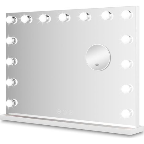Miroir Maquillage Hollywood Lumineux 58x46 cm, 18 LED dimmables, Blanc Écran tactile, 3 couleurs de lumière, grossissant x10 amovible, mémoire, à poser sur coiffeuse ou fixation murale (1/5)