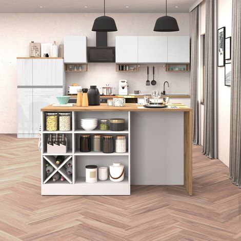 WHOUS Isola da cucina Sole con 1 anta 2 cassetti e 6 vani bianco lucido/rovere 153x90x91 cm