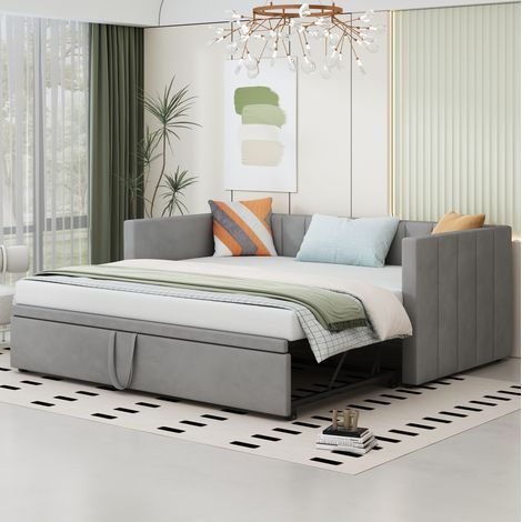 Divano letto 90x200 cm estensibile a 180x200, grigio, struttura in legno, senza materasso FloraGrace (1/5)