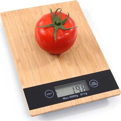 Elektronische Küchenwaage mit einer maximalen Wiegekapazität von 5 kg, Wiegeplattform aus gehärtetem Glas, Tara-Funktion, LCD-Bildschirm, Haushaltswaage, Lebensmittelwaage, aus Bambus.