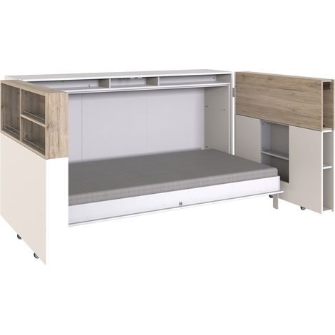Calicosy – Lit escamotable horizontal 90x200 avec bureau rabattable – Panneaux agglomérés – Longueur 212 cm – Gain de place pour petits espaces