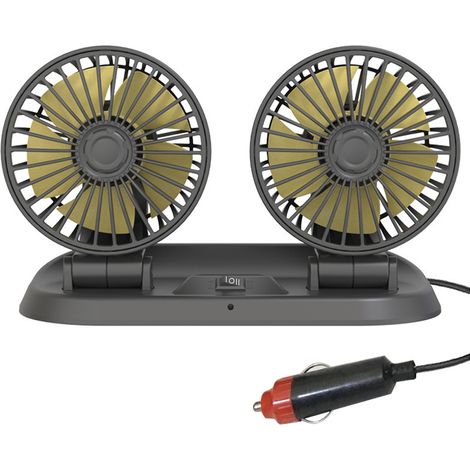 Tragbarer Autoventilator mit zwei Köpfen, leiser Elektroventilator mit 360°-Drehung und 2 Windgeschwindigkeiten für Auto, LKW, SUV, Wohnmobil, Boot