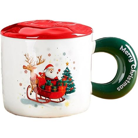 16 oz Christmas Santa Claus Mug with Lid and Spoon Christmas Coffee Cup with Handle Winter Xmas Holiday Birthday Tabletop Drinkware Teacup Gifts (with spoon) (1/5)