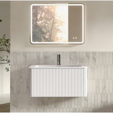 Mueble de baño suspendido con espejo LED 80 cm blanco OKWISH (1/5)
