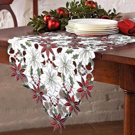Chemise De Table De Noël - Brodée Poinsettia Et Houx - Polyester - 38 X 178 Cm - Pour Table À Manger Et Table Basse - 1 Pièce (1/3)