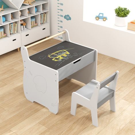 Table et Chaise pour Enfants Bureau d'Activités en Bois pour Tout-petits Plateau Amovible 2 en 1 Rangement Porte-rouleau Blanc+Gris (1/3)