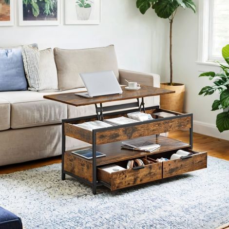Table Basse Relevable avec Rangements Cachés, 2 Tiroirs, Centre de Salon, 100 cm, Marron (1/5)