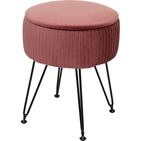 Sgabello poggiapiedi portaoggetti con scomparto HHG-405 metallo effetto velluto rosa gambe nere